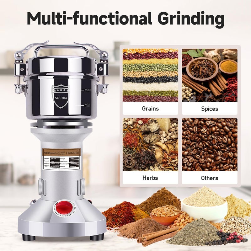 GOLDTOUCH 550g Grain Mill Grinder 2000W Electric Stainless Steel Grain Grinder High-Speed Pulverizer Powder Machine for Dry Wheat, Oats, Corn, Pepper and Coffee Beans (550g Stand Type) - Image 2